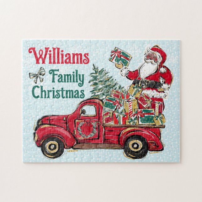 Christmas Black Santa Red Truck Puzzle Family Name (Horizontal)