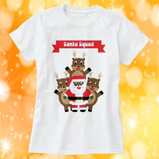Christmas Black Santa Squad Reindeer Funny T-Shirt (A tshirt with a black santa posing with three reindeer under a banner that says Santa Squad.)