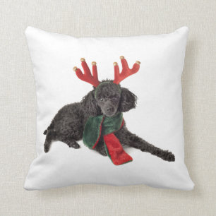 Christmas Black Toy Poodle Dog Dressed as Reindeer Cushion