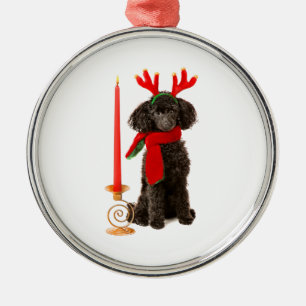 Christmas Black Toy Poodle Dog Dressed as Reindeer Metal Ornament