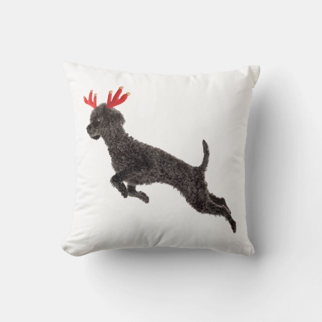 Christmas Black Toy Poodle Dog Reindeer Antlers Cushion (Front)