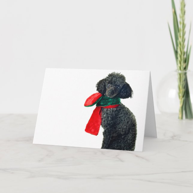 Christmas Black Toy Poodle Dog Reindeer Red Scarf Holiday Card (Front)