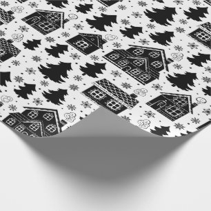 Christmas Black White House Trees Snowflakes Wrapping Paper