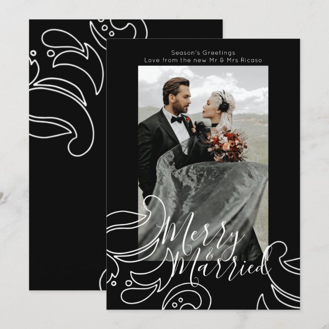 Christmas Black White Merry and Married Holiday Card (Front/Back)