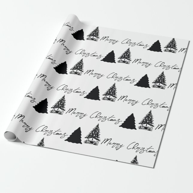 Christmas Black White Merry Christmas Calligraphy Wrapping Paper (Unrolled)