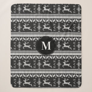 Christmas  Black & White Norwegian Deer   Monogram Sherpa Blanket