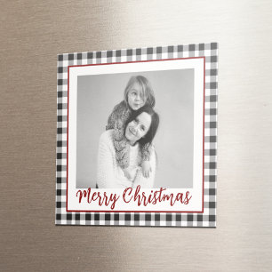 Christmas Black & White Photo Plaid Chequered Magnet