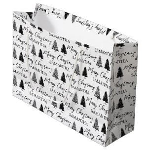 Christmas Black White Xmas Rustic Pine Tree Large Gift Bag