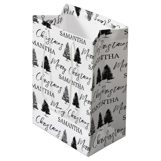 Christmas Black White Xmas Rustic Pine Tree  Medium Gift Bag (Front Angled)