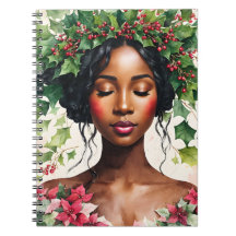 Christmas Black Woman Holly and Poinsettia Art