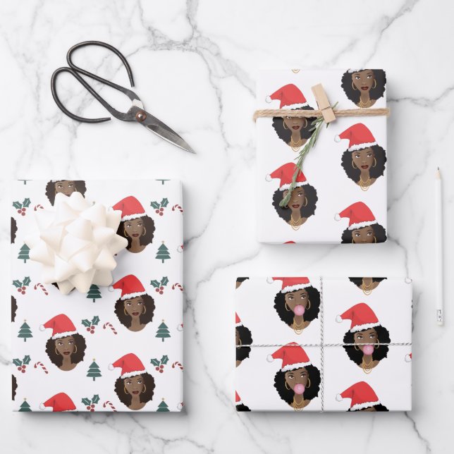 Christmas, Black Women with Red Santa Hats Wrapping Paper Sheet (Front)