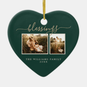 Christmas Blessing 2 Photo Dark Green Family Ceramic Ornament
