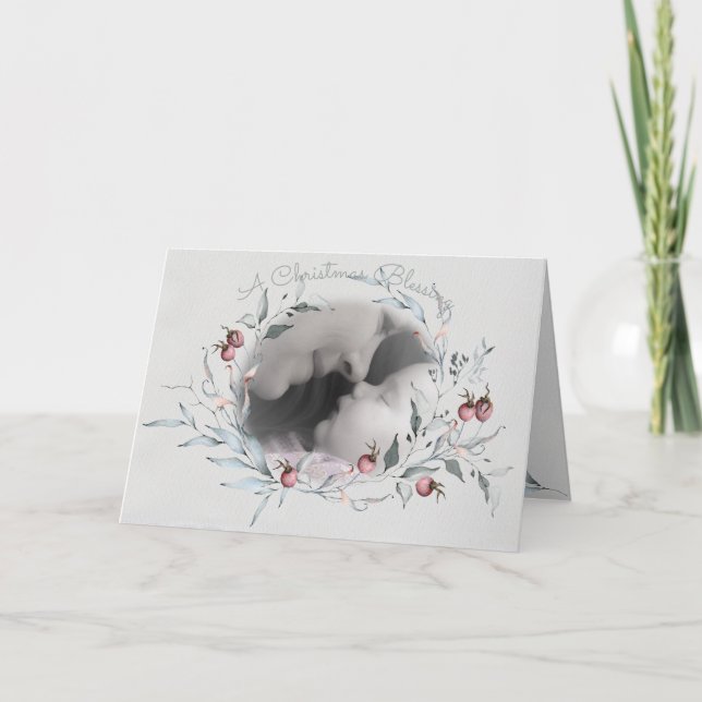 Christmas Blessing Watercolor Berries Photo Wreath Card (Front)