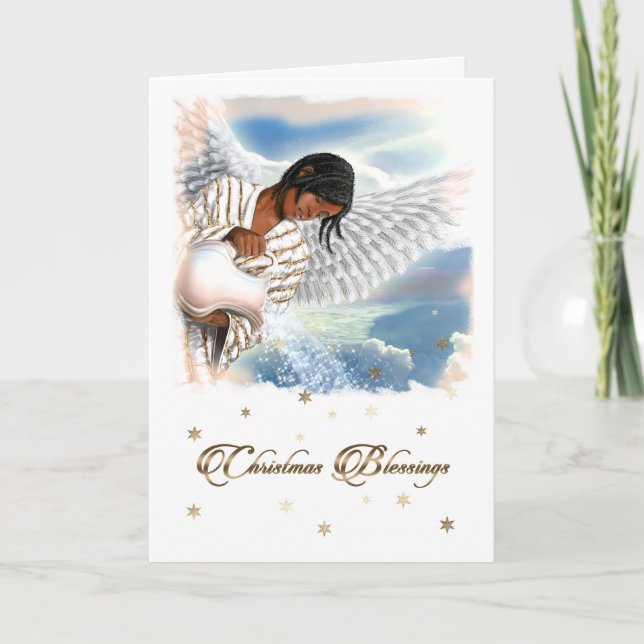 Christmas Blessings. African American Angel Holiday Card (Front)