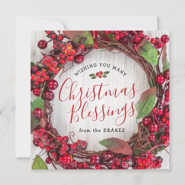 Christmas Blessings Card with Holly Wreath (Front)