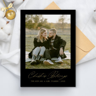 Christmas Blessings Elegant Newlyed Couple Photo Holiday Card