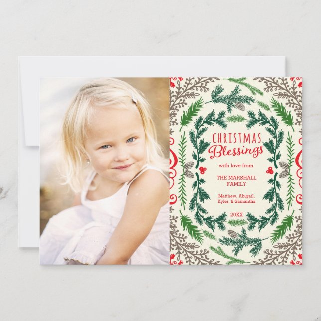 Christmas Blessings Elegant Pine Photo Holiday Card (Front)