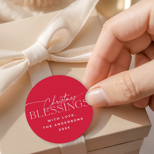 Christmas Blessings Elegant Typography Red Holiday Classic Round Sticker (Creator Uploaded)