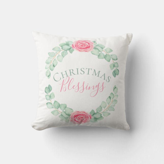 Christmas Blessings Floral Eucalyptus Watercolor Cushion (Front)