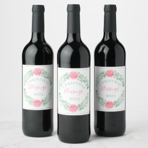 Christmas Blessings Floral Eucalyptus Watercolor Wine Label