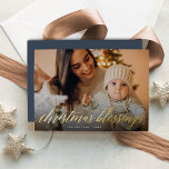 Christmas Blessings Full Photo Foil Holiday Card<br><div class="desc">"Christmas Blessings" appears in gold foil calligraphy script lettering,  overlaid on a horizontal or landscape orientated photo. Customise this beautiful holiday card design with your family name and the year along the bottom.</div>