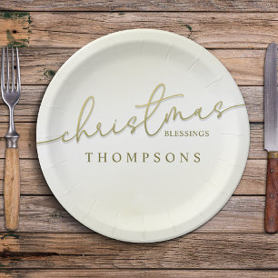 Christmas Blessings Gold Calligraphy Script Paper Plate