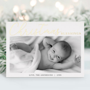 Christmas Blessings gold foil newborn baby photo Foil Holiday Card