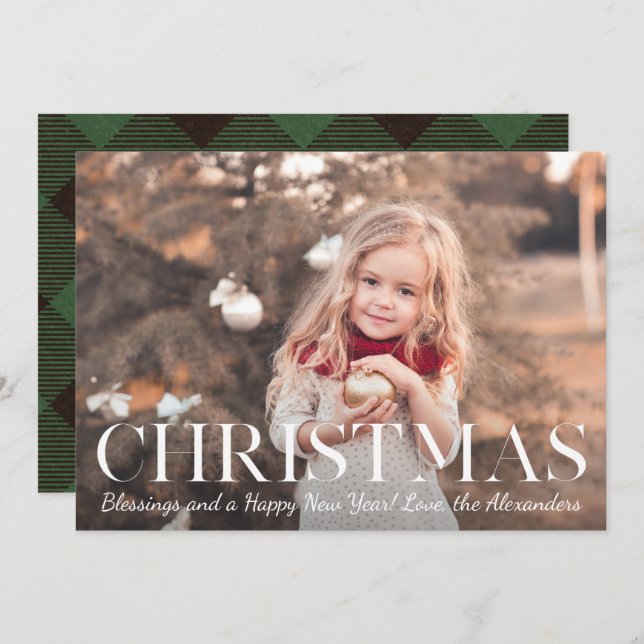 Christmas Blessings Green Buffalo Plaid Photo Holiday Card (Front/Back)