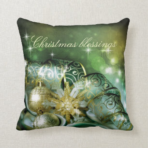 Christmas blessings, green, gold, glitter, merry cushion