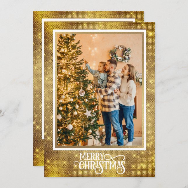 Christmas Blessings I Family Photo and Gold Script Holiday Card (Front/Back)