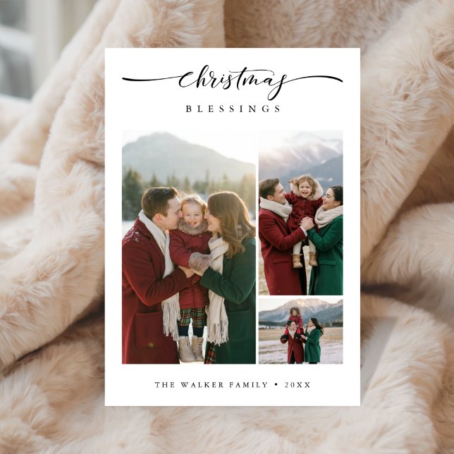 Christmas Blessings Modern Family Photo 3 Photo Holiday Card (Creator Uploaded)