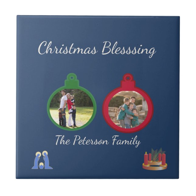 Christmas Blessings Ornaments | 2 Editable Photos Ceramic Tile (Front)