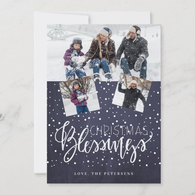 Christmas blessings rustic 3 photo collage navy holiday card (Front)