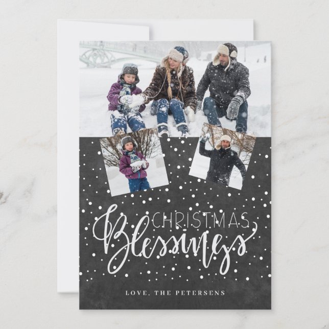 Christmas blessings rustic 3 photos chalkboard holiday card (Front)