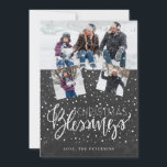 Christmas blessings rustic 3 photos chalkboard holiday card<br><div class="desc">Family seasonal holiday greetings 3 photo collage card on a dark grey charcoal chalkboard background with falling snow and "Christmas Blessings" white chic calligraphy script.        Easy to personalise with your photos and text!</div>