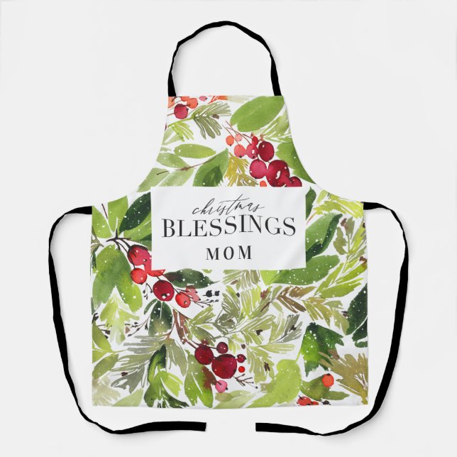 Christmas Blessings watercolor foliage Apron (Front)