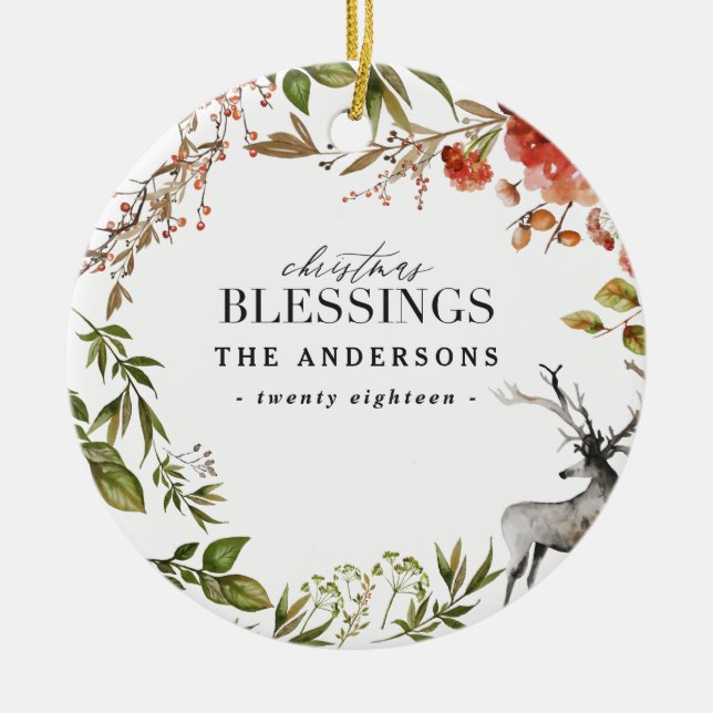 Christmas Blessings watercolor foliage Holiday Ceramic Ornament (Front)