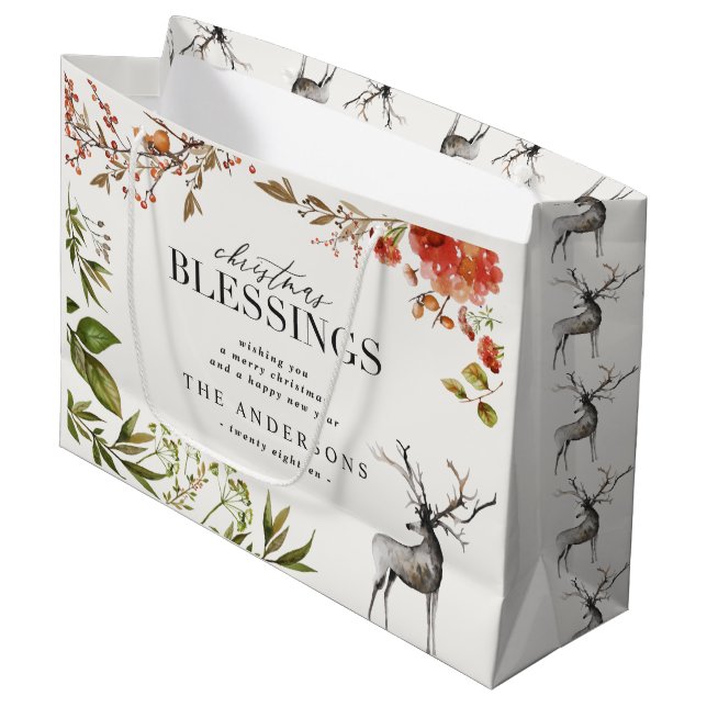 Christmas Blessings watercolor foliage Holiday Large Gift Bag (Front Angled)