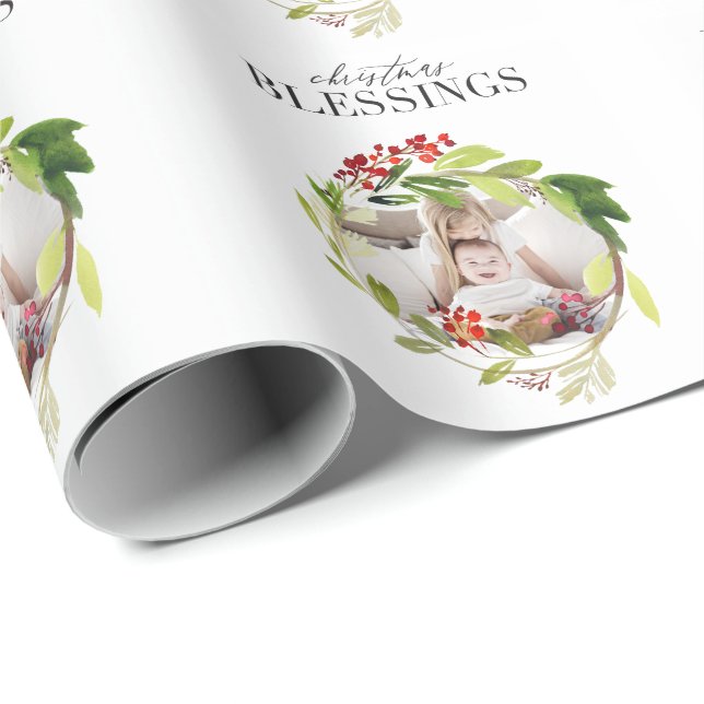 Christmas Blessings watercolor foliage photo Wrapping Paper (Roll Corner)