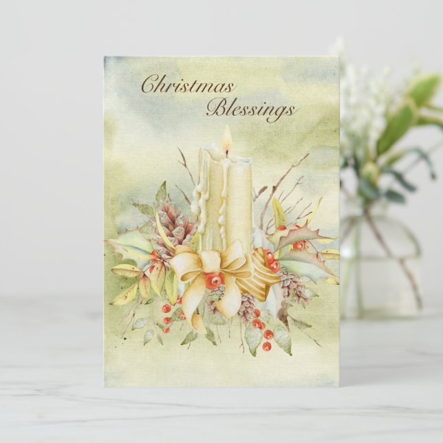Christmas Blessings Watercolor Script Holiday Card (Standing Front)