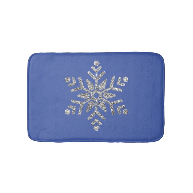Christmas Bling Silver Glitter Snowflake on Blue Bath Mat (Front)
