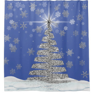 Christmas Bling Silver Tree and Snowflakes Shower Curtain