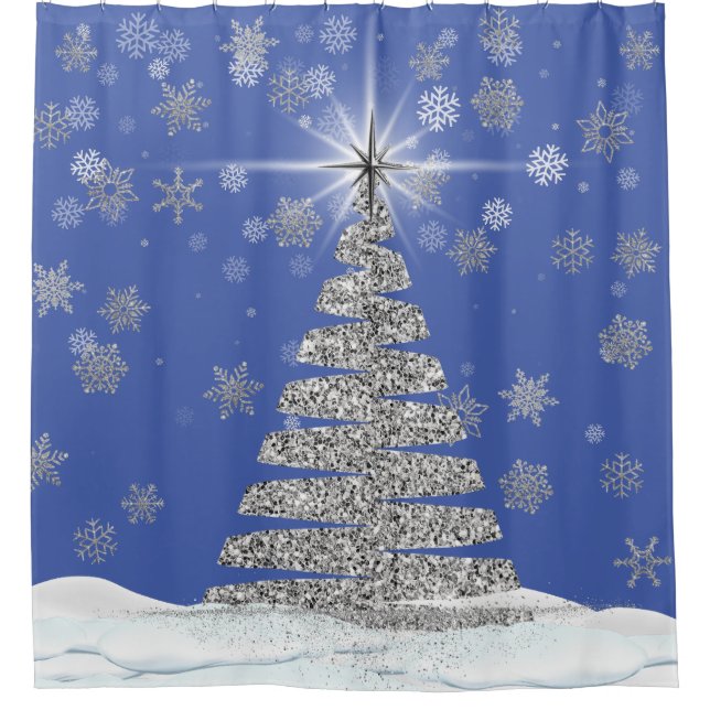 Christmas Bling Silver Tree and Snowflakes Shower Curtain (Front)