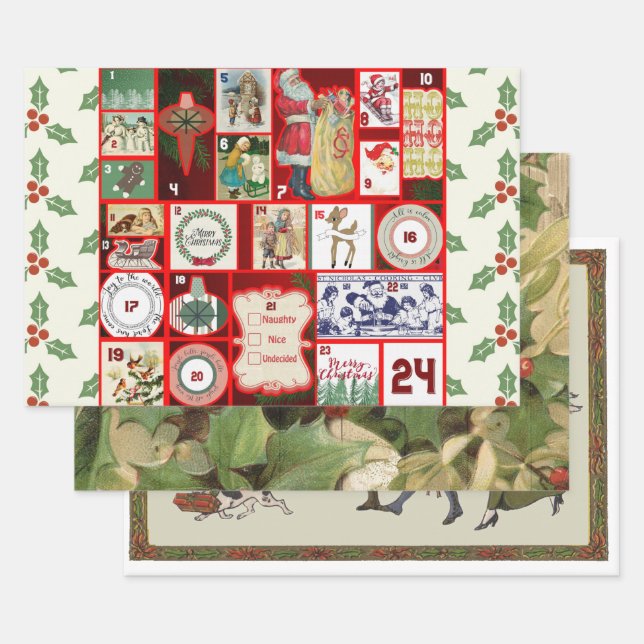 Christmas Block Advent Illustration Square Art Wrapping Paper Sheet (Set)