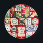Christmas Block Illustration Squares Round Clock<br><div class="desc">Vintage Christmas

These great vintage illustrations are red and green and Christmasy! This illustration is based on an old fashioned Christmas advent calendar to celebrate the season of Christmas.</div>