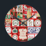 Christmas Block Illustration Squares Round Clock<br><div class="desc">Vintage Christmas

These great vintage illustrations are red and green and Christmasy! This illustration is based on an old fashioned Christmas advent calendar to celebrate the season of Christmas.</div>