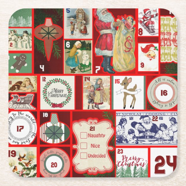 Christmas Block Illustration Squares Square Paper Coaster (Front)