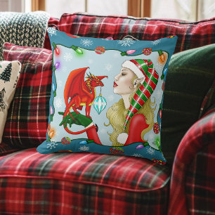 Christmas Blonde Elf Red Dragon Fantasy Cushion