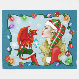 Christmas Blonde Elf Red Dragon Fantasy Fleece Blanket