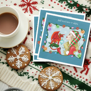 Christmas Blonde Elf Red Dragon Fantasy Napkin